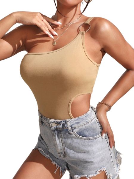 

o-ring detail one shoulder cut out bodysuit q5wa#, White