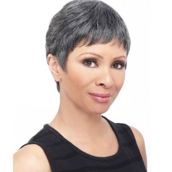 

short grey human hair wigs for women 8inch natural pixie cut wig silver gray salt and pepper machine made non lace wig 150%density, Black;brown
