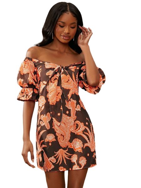 

newness paisley print tie front puff sleeve bardot dress v9b1#, Black;gray