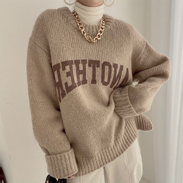 

women vintage khaki knitting sweater letter printing round neck long sleeves casual korean fashion baggy ladies autumn, White;black
