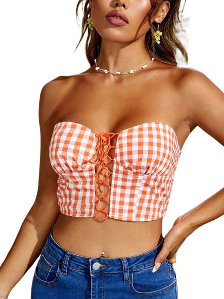 

lace up gingham tube g2ui#, White