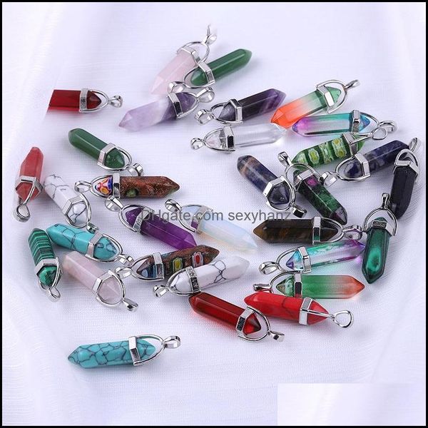 

charms jewelry findings components hexagon prism style natural stone pendant agate quartz shape point crystal healing dhkmj, Bronze;silver