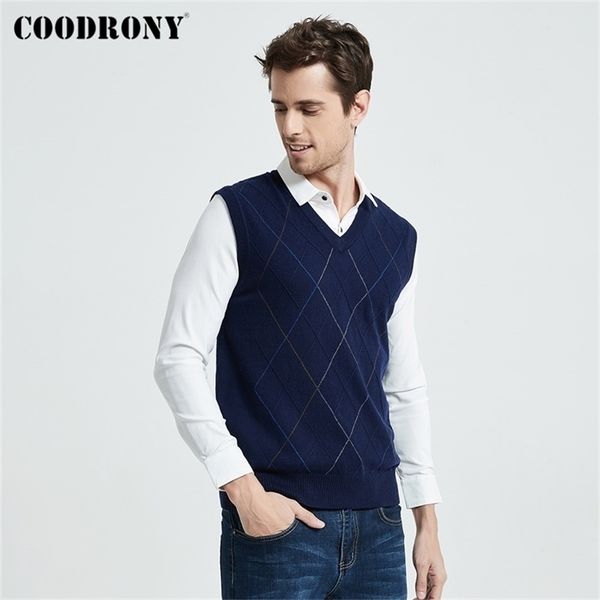 

coodrony casual argyle vneck sleeveless vest men clothes autumn winter new arrival knitted cashmere wool sweater vest 8174 201125, White;black