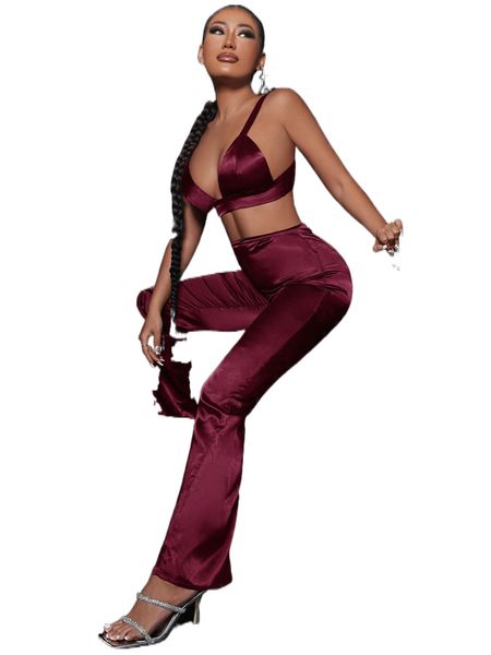 

tie back crop satin cami & high waist pants b3xa#, White