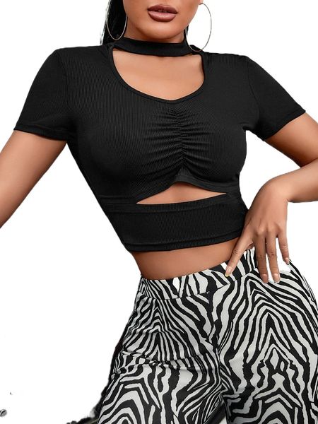 

sxy cut out ruched crop tee b1cl#, White