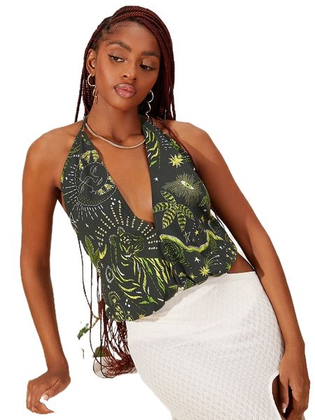 

newness plant & animal print backless knot halter neck bodysuit 92s5#, White