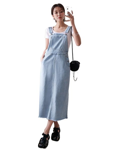 

dazy slant pocket raw hem overall denim dress without v5bk#, Black;gray