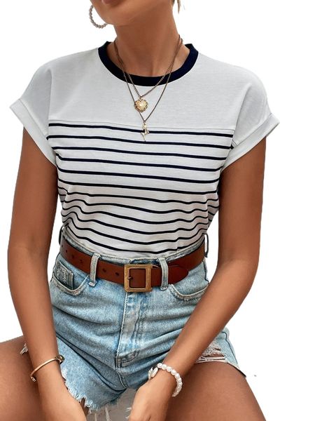

striped print contrast trim tee g0sm#, White