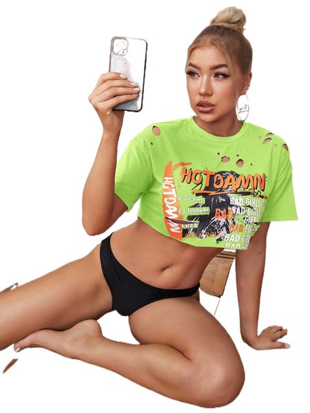 

slogan graphic ripped detail super crop e3yw#, White