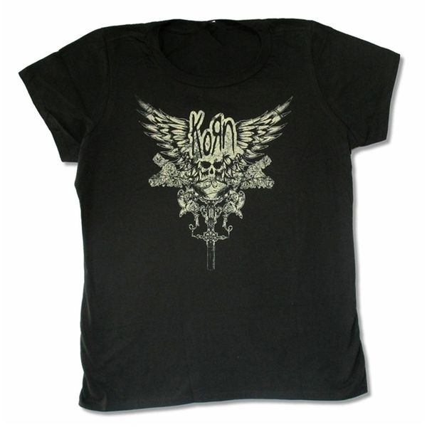 Korn Skull Wings Girls Juniors Camiseta preta Banda Merch Personalizar Camiseta 220618