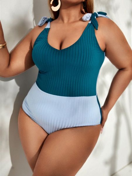 

plus two tone tie shoulder one piece swimsuit x5mo#, White;black