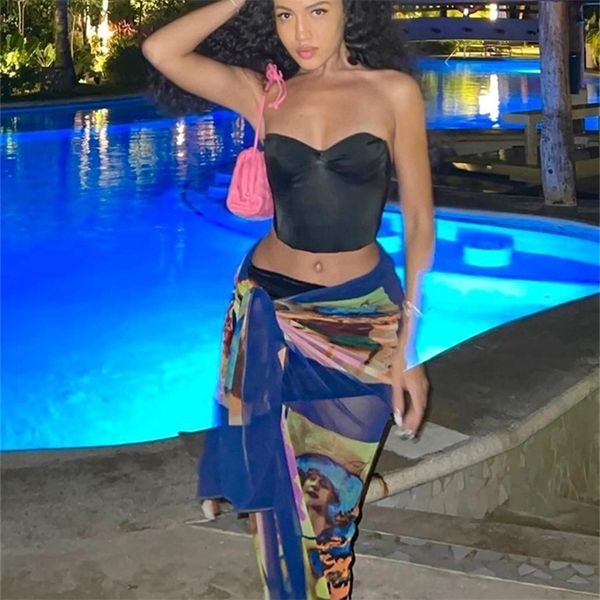 

kliou mesh aesthetic print skirts women stunning irregular shape unique style side lace clothing clubwear female outfit 220701, Black