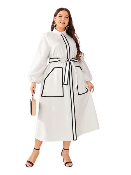 

plus lantern sleeve contrast binding belted dress s7j0#, Black