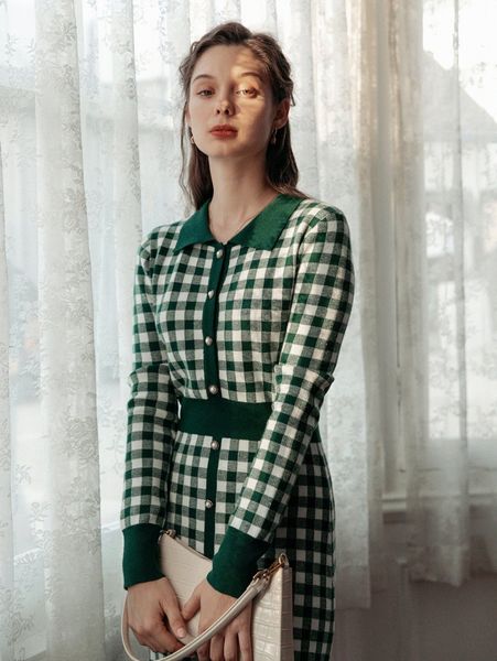 

simple retro gingham pattern button detail sweater dress i3vi#, White;black