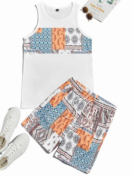 

men paisley print tank & high waist track shorts x4qx#, Gray