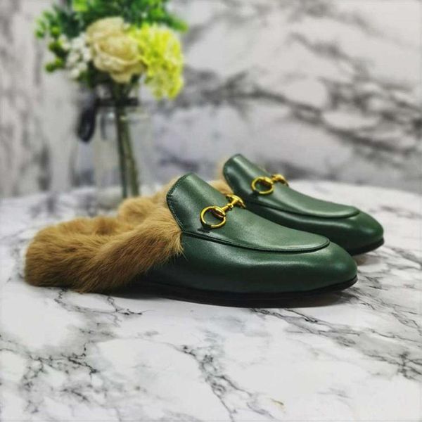 

2022 classic fashion women genuine leather flat mules shoes men slippers leather fur slippers metal chain shoes loafers outdoor sl315l, Black