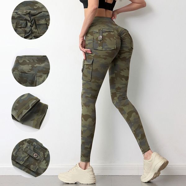 

camouflage yoga pants women fitness leggings workout sports with pocket push up gym wear plus size  220805, Black
