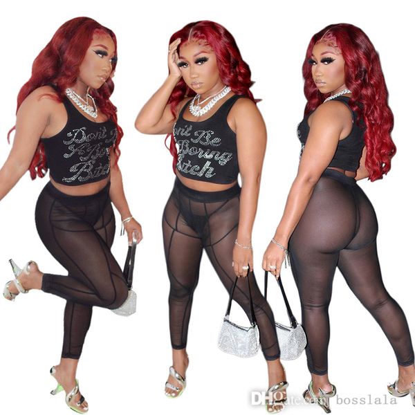 

2022 summer woman two piece pants legging set stitching vest and mesh trouser suit, White