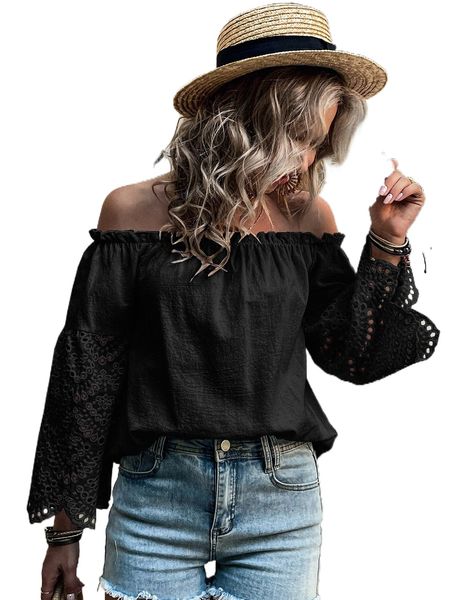 

off shoulder contrast eyelet embroidery frill trim blouse d7yn#, White