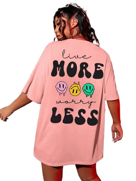 

plus slogan & cartoon face print drop shoulder tee p9rf#, Black