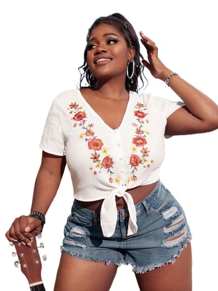 

sxy plus floral embroidery tie front crop blouse s542#, Black