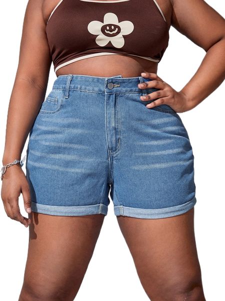 

plus roll up hem slant pockets denim shorts o4w0#, White;black