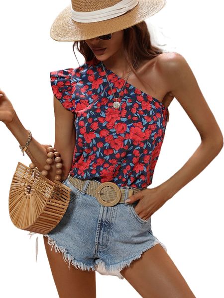 

allover floral print one shoulder ruffle trim blouse i4ph#, White