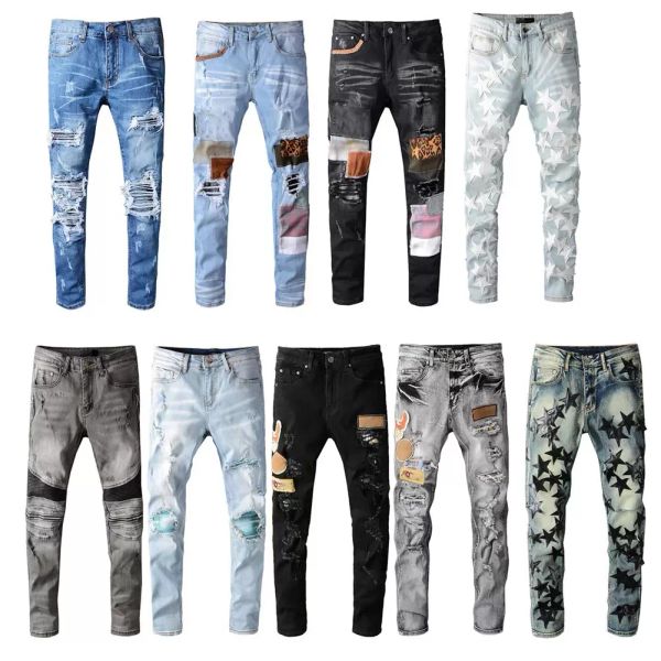 

distressed ripped biker jeans slim fit motorcycle denim for fashion designer hip hop men jeans good quality, Blue