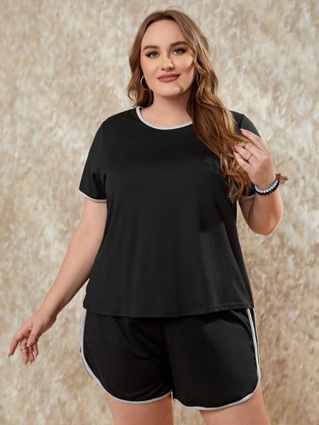 

emery rose plus contrast binding tee & dolphin shorts 29ax#, Black