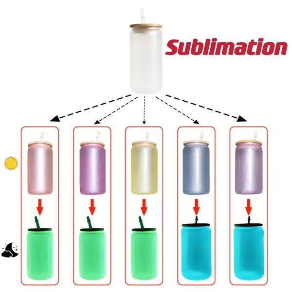 

wholesale 16oz sublimation uv change glow in dark glass tumbler with bamboo lid & plastic straw heat transfer diy water bottle coffee mugs 6