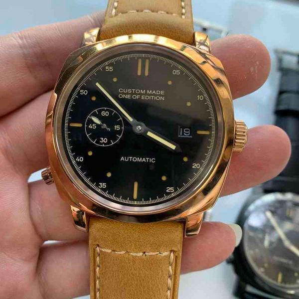 

44mm automatic watch seagull movement sand dial stainless steel case leather strap mechanical men's, Slivery;brown
