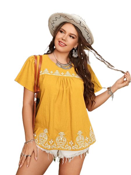

plus floral embroidery puff sleeve blouse j3yo#, Black