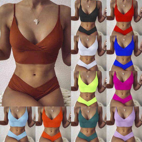 Seksi Çapraz Bikini Set Kadınlar Katı V Yaka Yüksek Belli İki Parçalı Mayo 2021 Kız Plaj Mayo Mayo Biquinis G220308