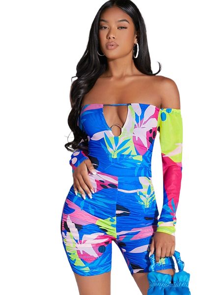

random leaf print off shoulder tie back cut out ruched mesh unitard romper e0mj#, Black;white