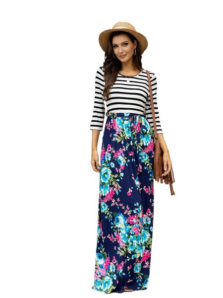 

dearcase stripe & floral print belted maxi 2 in 1 dress 09iz#, Black;gray