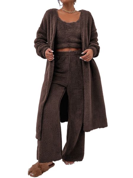 

drop shoulder open front flannel coat & tank & pants p1a9#, White