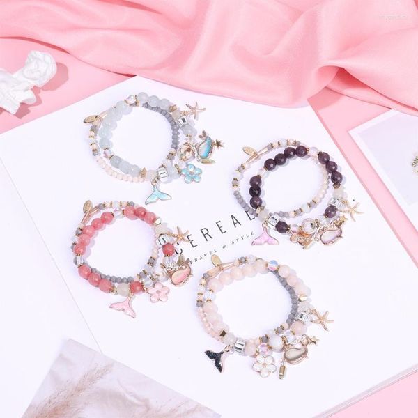 Elo Cadeia Estrela Do Mar Doce Estilo Étnico Feminino Menina Flor Corda Elástica Pulseiras Baleia Cauda Dupla Camada Bangles Inte22