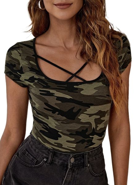 

camo print crisscross tee q68w#, White