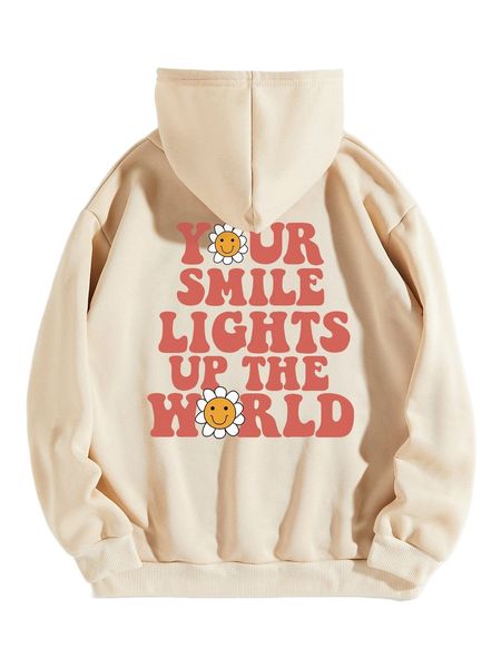 

floral & slogan graphic kangaroo pocket drawstring thermal hoodie 95zb#, Black