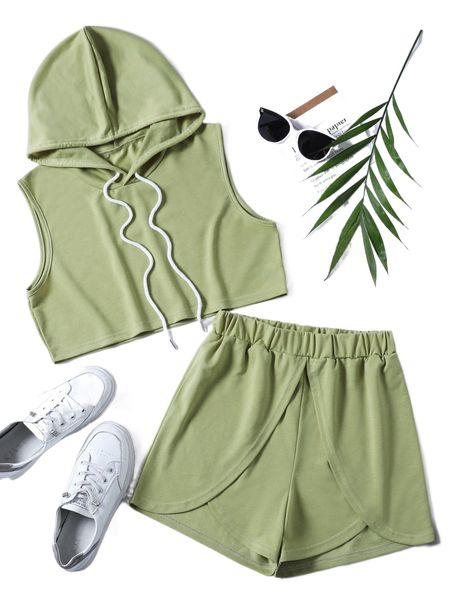 

drawstring hooded tank & track shorts x2t3#, White