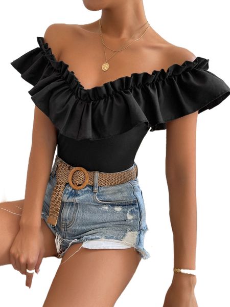 

off shoulder ruffle trim tee h8m2#, White