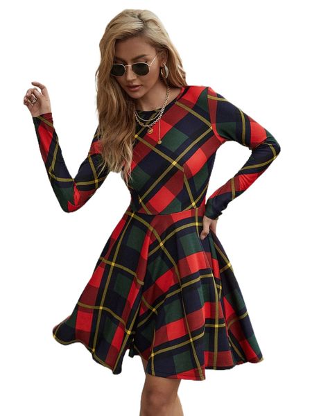 

plaid zipper back a-line dress i8cc#, Black;gray