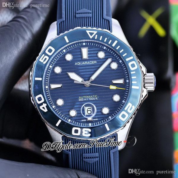 

41mm a21j automatic mens watch steel case blue textured dial white markers rubber strap watches pttg puretime z120a1, Slivery;brown