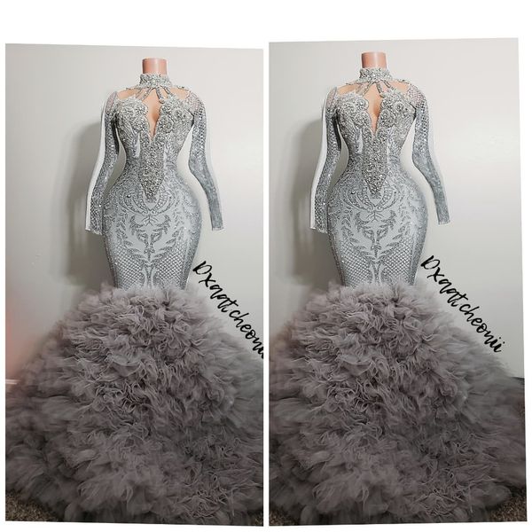 

silver sparkly mermaid arabic prom dresses high neck long sleeve 3d rose floral train applique black girl aso ebi evening gown, Black;red