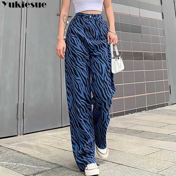 streetwear vita alta moda donna jeans donna ragazze donna pantaloni gamba larga pantaloni donna denim a righe bagge mamma 210608