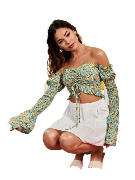 

off shoulder frill trim drawstring shirred floral crop s3pg#, White