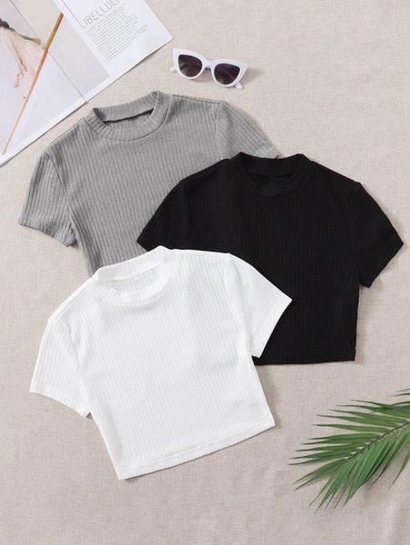 

3 pack solid rib-knit tee x7fb#, White