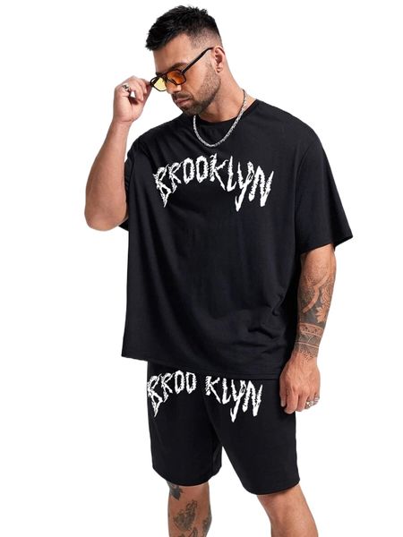 

extended sizes men letter graphic tee & drawstring waist shorts o1ap#, Gray