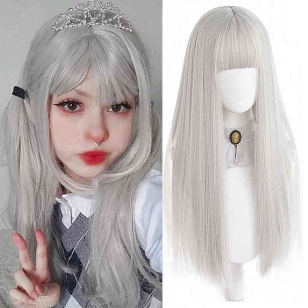 

nxy wigs houyan long straight hair synthetic silver white black bangs cosplay lolita heat resistant party 220701, Black;brown