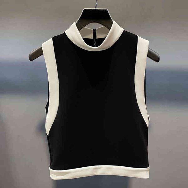 

women's knits tees dang's summer short color blocking high collar wearing out versatile design round neck sleeveless t-shirt women, White